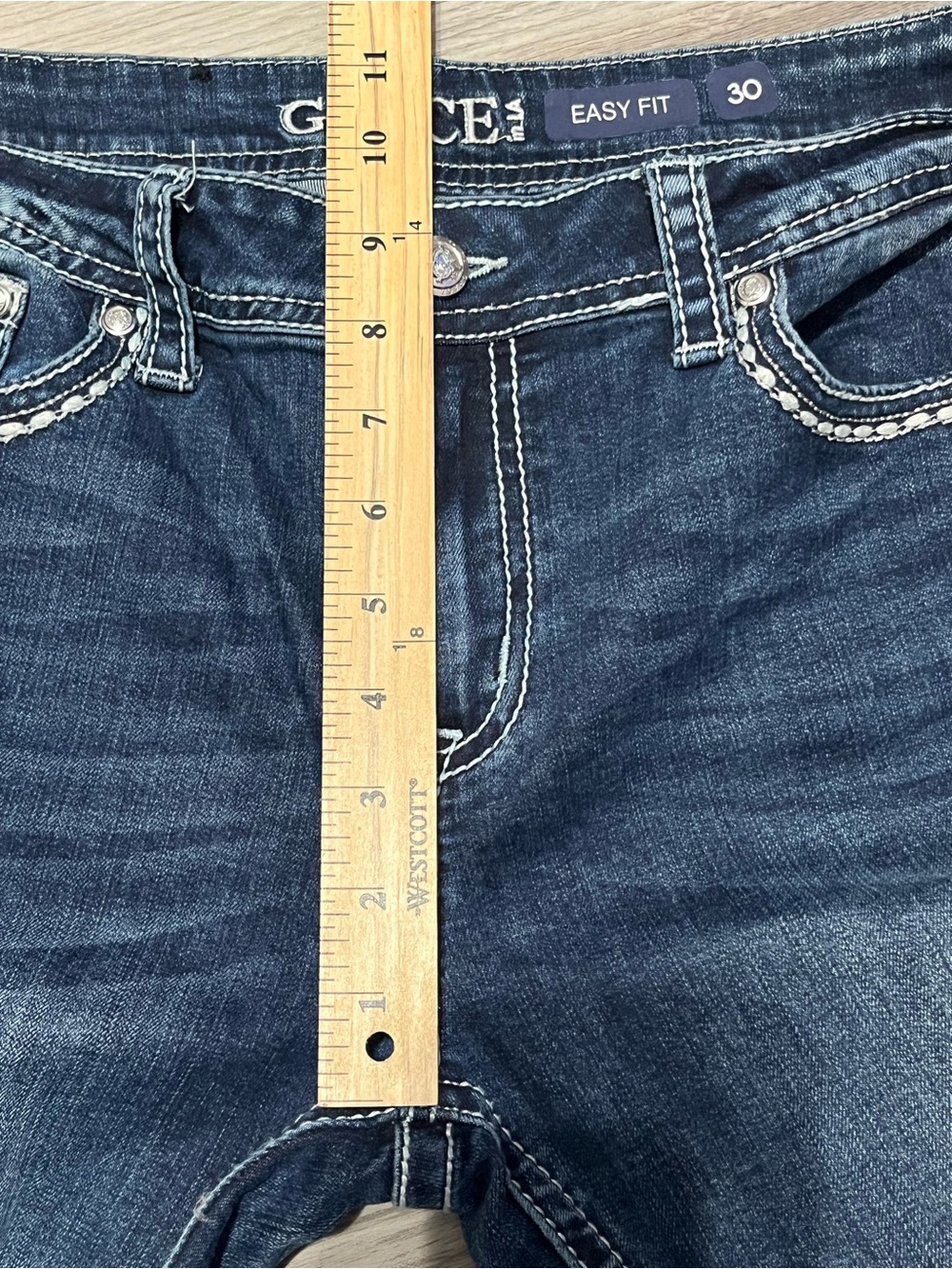 Grace in LA Dark Blue Sz 30 Bootcut Jeans with Embroidered Pocket Detail 32x32 - Picture 15 of 16